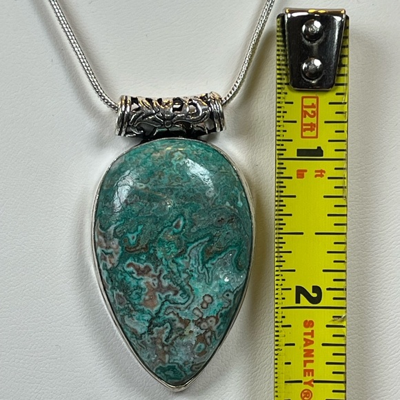 925 SILVER OVERLAY STATEMENT PENDANT MEXICAN LAGUNA LACE AGATE GEMSTONE - Picture 4 of 7